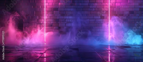 A brick wall adorned with neon lights emits smoke, creating a symmetrical pattern of purple, violet, pink, magenta, and electric blue hues. The font of the lights resembles water in motion photo