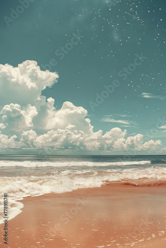 Serene Beachscape with Fluffy Clouds and Gentle Waves © Yulia