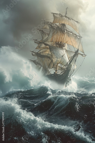 Maritime Art, A majestic ship braves tumultuous seas, embodying the strength amid adversity.