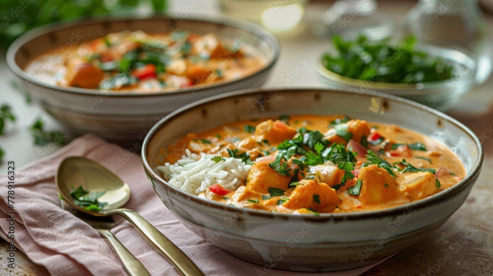 A bowl of food on a table with a spoon and a glass of water nearby A bowl of food on a table with a spoon and a glass of water nearby