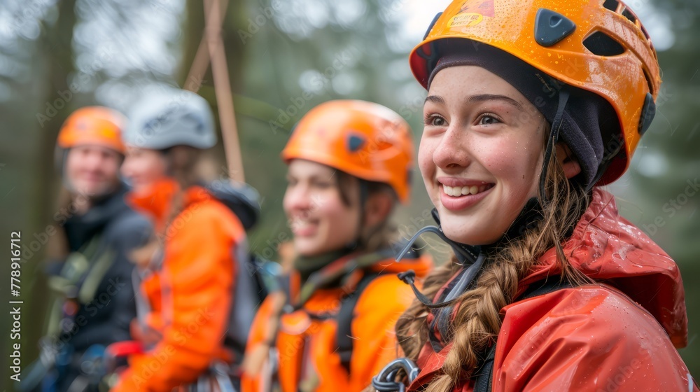 Group of Happy Adventurers in Safety Gear Enjoying Outdoor Team Building Activity in Forest Group of Happy Adventurers in Safety Gear Enjoying Outdoor Team Building Activity in Forest
