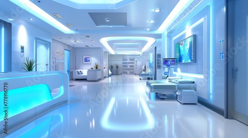 A future hospital room with a white ceiling and walls. The room is empty and sterile. There is a bed in the room and a monitor on the wall