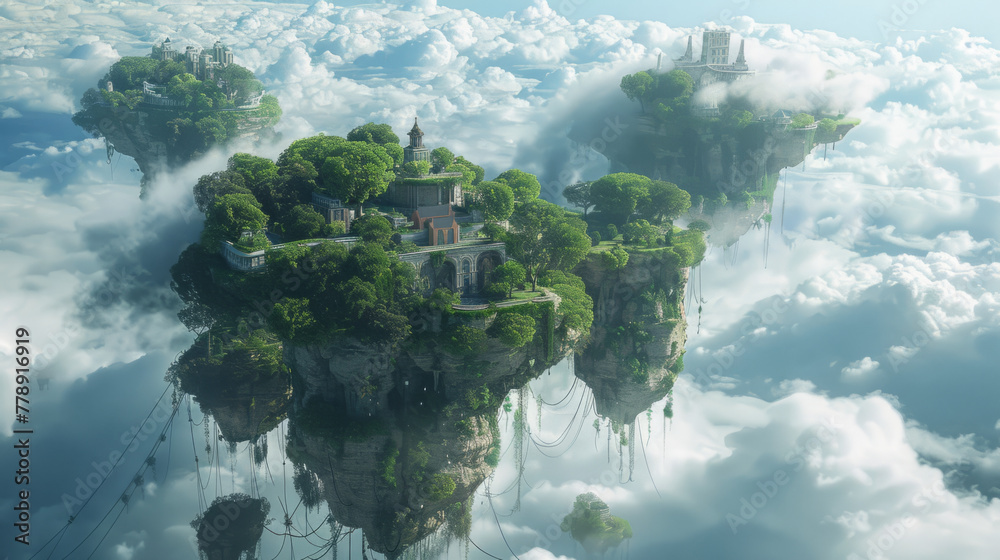 Fantasy Landscape, Floating islands with unique ecosystems connected by natural bridges amidst clouds.