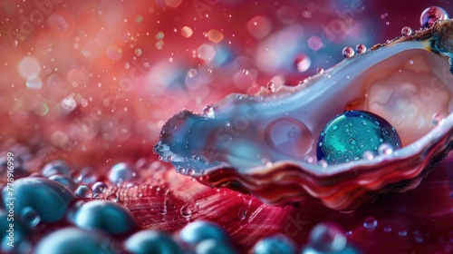 A closeup of an oyster shell with a glittery blue pearl inside, on the red surface with water droplets and drops of seafoam. The colors are bright and vibrant, creating a beautiful