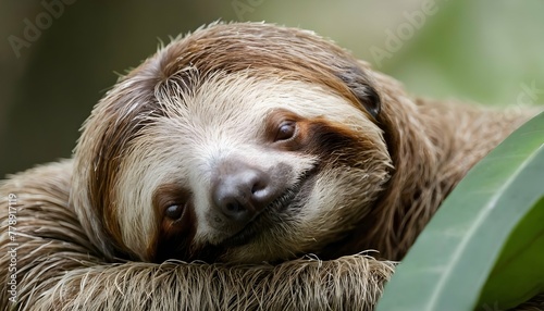 A Sloth With Its Head Resting On Its Chest Taking photo