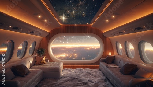 Inside the plane you can see outside and the stars ahead The window reveals Earths surface, Generated by AI photo