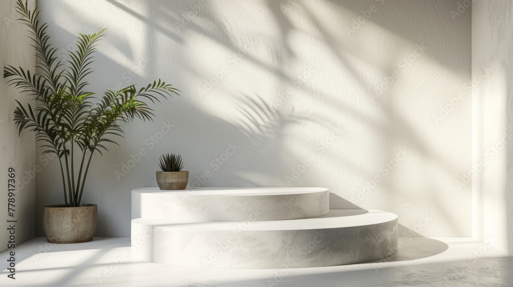 Product Presentation, Minimalist display podiums for product showcase in a serene setting. Product Presentation, Minimalist display podiums for product showcase in a serene setting.