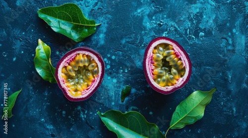 A closeup shot of passion fruit, cut in half and placed on the table, with two leaves next to it. The yellow center is visible inside each cross section photo