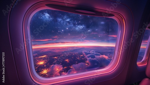 Inside the plane theres a view of space and stars in front with one window displaying the Earths surface, Generated by AI photo