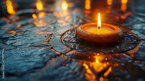  A lit candle placed on a table with a puddle of water underneath it