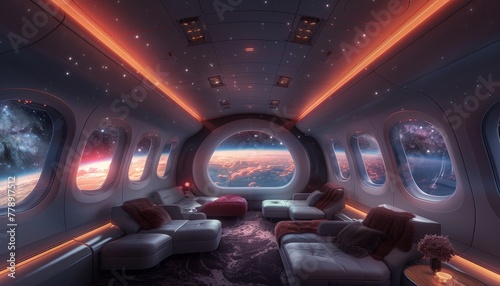 The airplanes interior reveals a vast expanse of space and twinkling stars while a window on one side displays Earths surface, Generated by AI
