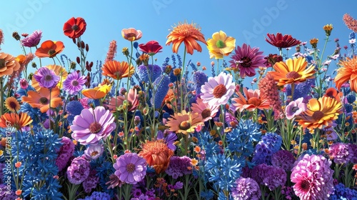A colorful garden filled with vibrant flowers of various colors, creating an enchanting and dreamy atmosphere. The sky is clear blue above the blooming landscape