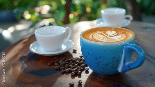 A cup of coffee with latte art in a blue ceramic mug on the table, close up view, there is some brown coffee beans and two white cups behind it, background blurred garden, natural light, green plants