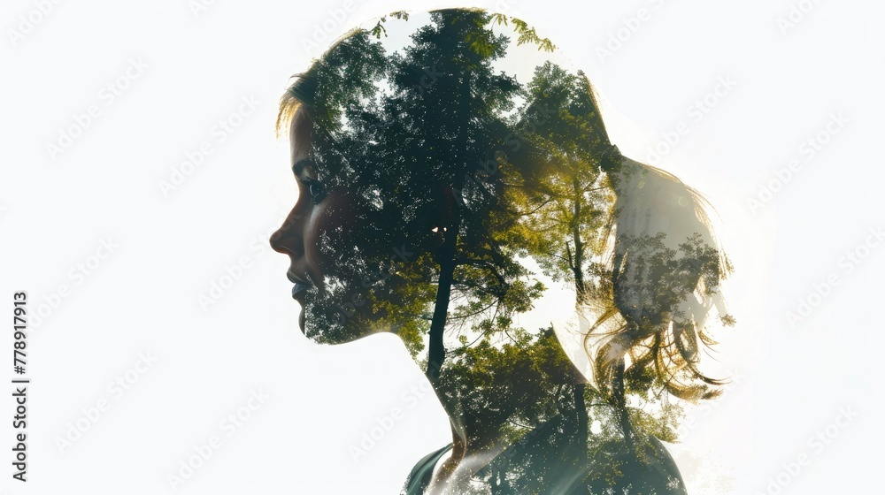 A double exposure illustration of the silhouette profile of an attractive woman with trees and forest inside her, white background, clean, sharp focus, high resolution photography