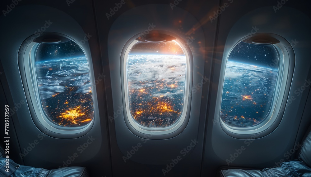 Inside the plane there is open space and stars ahead One window reveals Earths surface, Generated by AI