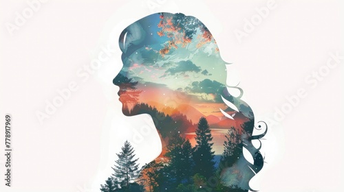 A double exposure illustration of the silhouette and full body portrait of an attractive woman with long hair, filled with trees, mountains, clouds, river, and plants photo