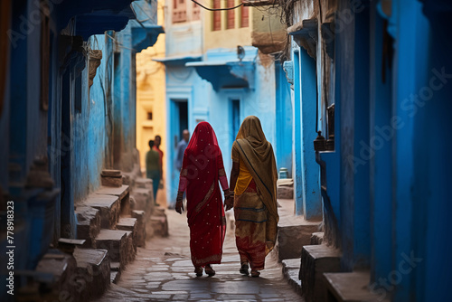 Indian women in colorful sari on city street © Kokhanchikov