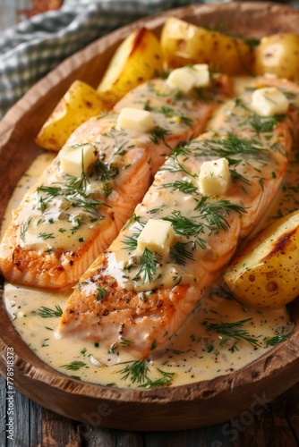 salmon with herbs and potatoes Generative AI
