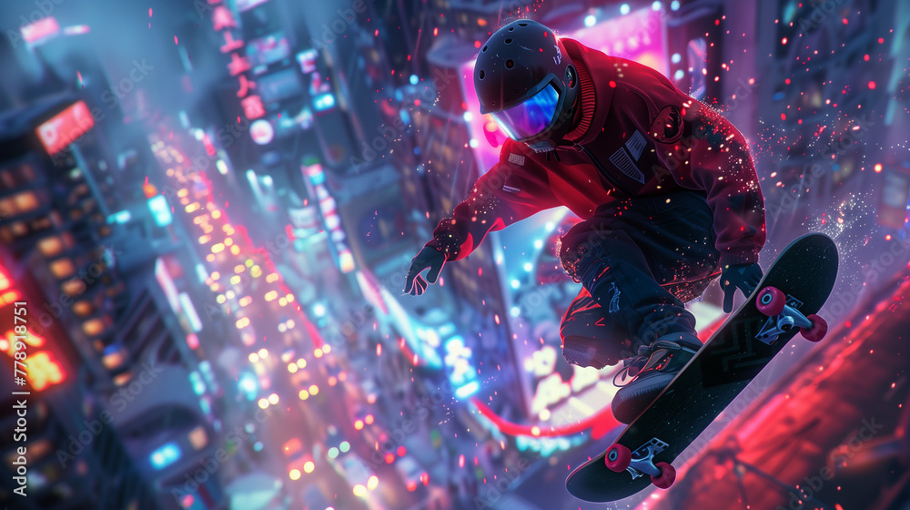 A cyberpunk skateboarder in full gear carves through the air above a neon-lit cityscape, leaving a trail of light in the dusk