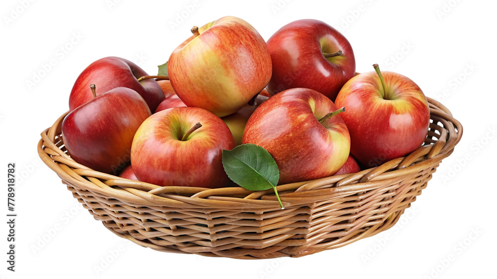 Basket of red and yellow apples with leaves isolated on transparent background Basket of red and yellow apples with leaves isolated on transparent background