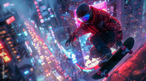 A cyberpunk skateboarder in full gear carves through the air above a neon-lit cityscape  leaving a trail of light in the dusk