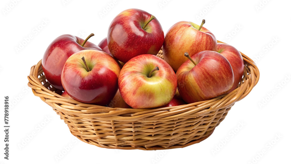 Basket of red and yellow apples with leaves isolated on transparent background Basket of red and yellow apples with leaves isolated on transparent background
