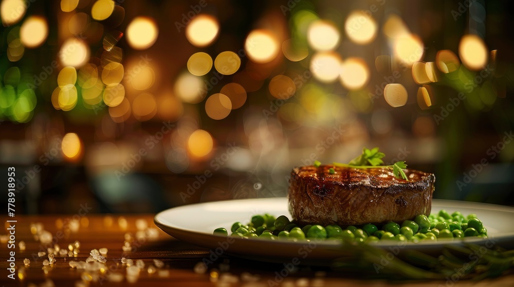 A mouthwatering shot of the perfectly grilled filet meanwhile its vibrant colors and fresh green peas add to its visual appeal A mouthwatering shot of the perfectly grilled filet meanwhile its vibrant colors and fresh green peas add to its visual appeal