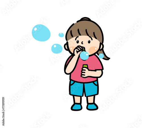 シャボン玉を吹く女の子のイラスト