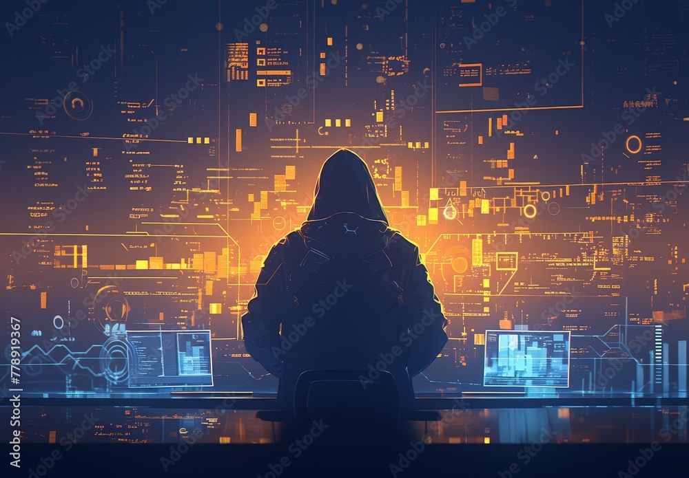 A hacker in a hoodie sitting on his back with digital code and data ...