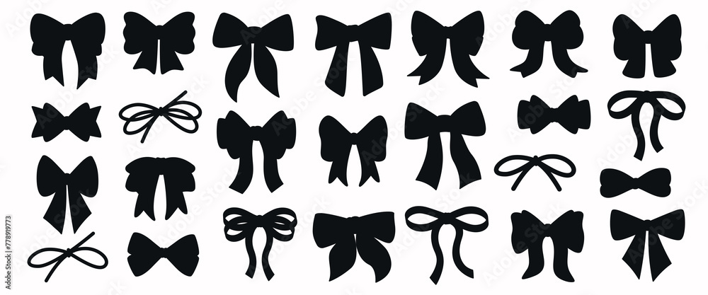 © Iulia - Set of simple decorative holiday ribbon bows for gifts, to decorate hair on white background. Bow silhouette for gift wrapping for birthday, Christmas, New Year. Isolated Flat Vector EPS10