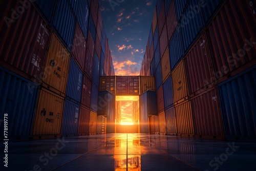 A high-resolution photograph of colorful shipping containers stacked on top of each other in an industrial setting, symbolizing global trade and cargo 