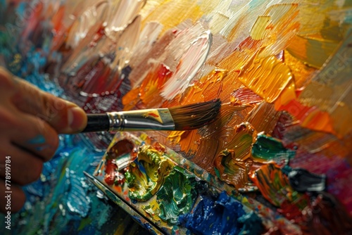 Artist's hand applying vibrant oil paints on canvas to create an abstract masterpiece.