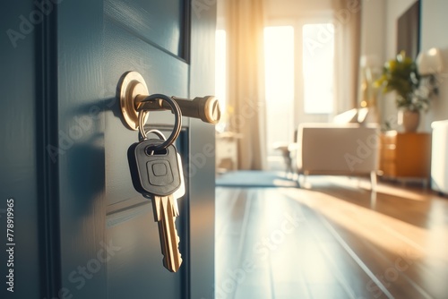 A house-shaped keychain with keys hanging from the door handle of an open front door, symbolizing home investment and real estate.  photo