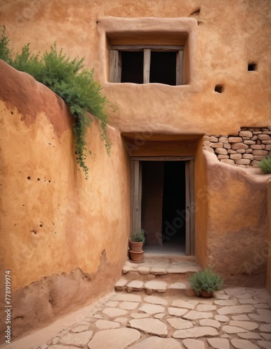 A serene adobe pueblo house entrance with naturalistic textures, exuding warmth and traditional architectural charm. photo