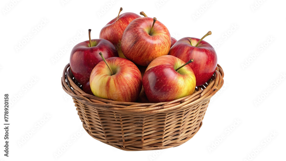 Basket of red and yellow apples with leaves isolated on transparent background Basket of red and yellow apples with leaves isolated on transparent background