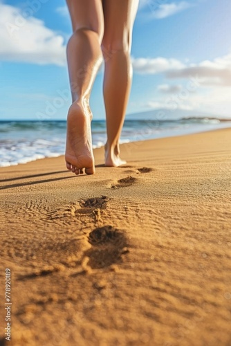 female feet on the sand at the beach Generative AI