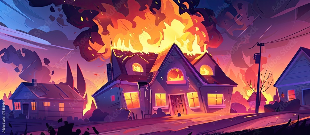 Cartoon drawing depicting a house engulfed in flames as a fire blazes uncontrollably
