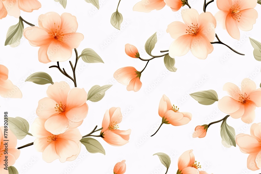 Peach flower petals and leaves on white background seamless watercolor pattern spring floral backdrop 