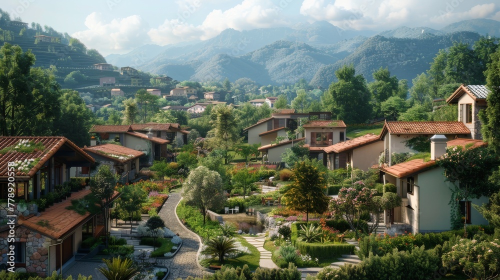 3D model of a peaceful retirement village nestled in the mountains detailed textures showing cozy homes with gardens