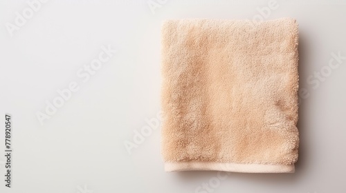 Beige cotton towels on a white background. Bathroom decor and accessories.