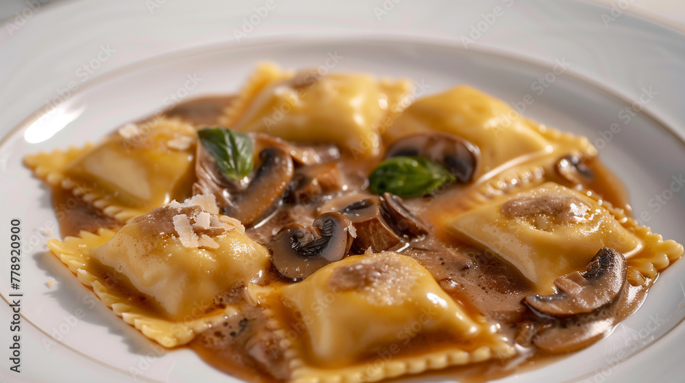 Delectable pasta pockets filled with savory ingredients, simmered in a flavorful sauce with sautéed mushrooms, herbs, and a sprinkle of Parmesan.