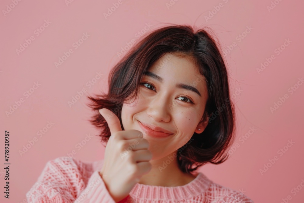 Portrait of a cheerful Asian woman her hand in a thumbs up position Portrait of a cheerful Asian woman her hand in a thumbs up position