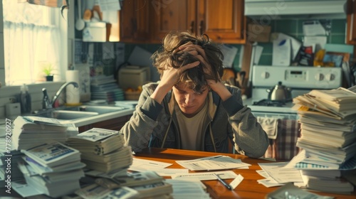 Photorealistic image of a worn-out individual surrounded by stacks of bills and notices on a cluttered kitchen table their face buried in their hands