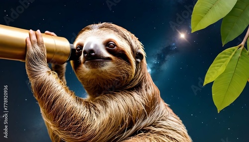 A Sloth With A Telescope Stargazing From A Tree