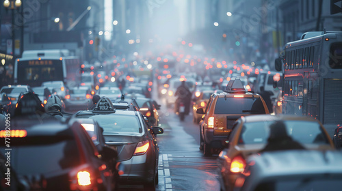 Realistic depiction of a crowded city street at rush hour with an overwhelming number of people and vehicles under a gloomy