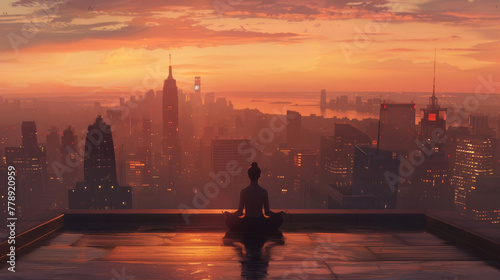 Realistic depiction of a rooftop meditation session during sunset photo