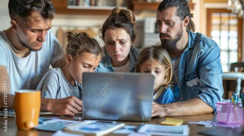 Realistic portrayal of a family sitting around a table looking at a laptop with concern as they calculate their finances