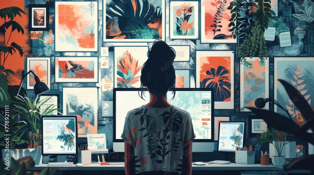Stylized illustration of a creative professional surrounded by their multimedia art pieces from digital screens to canvases