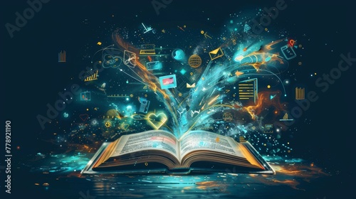 Stylized illustration of a magical book from which various forms of content (articles videos photo