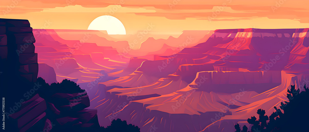 The Grand Canyon at sunset. Illustration with the mountains landscape.